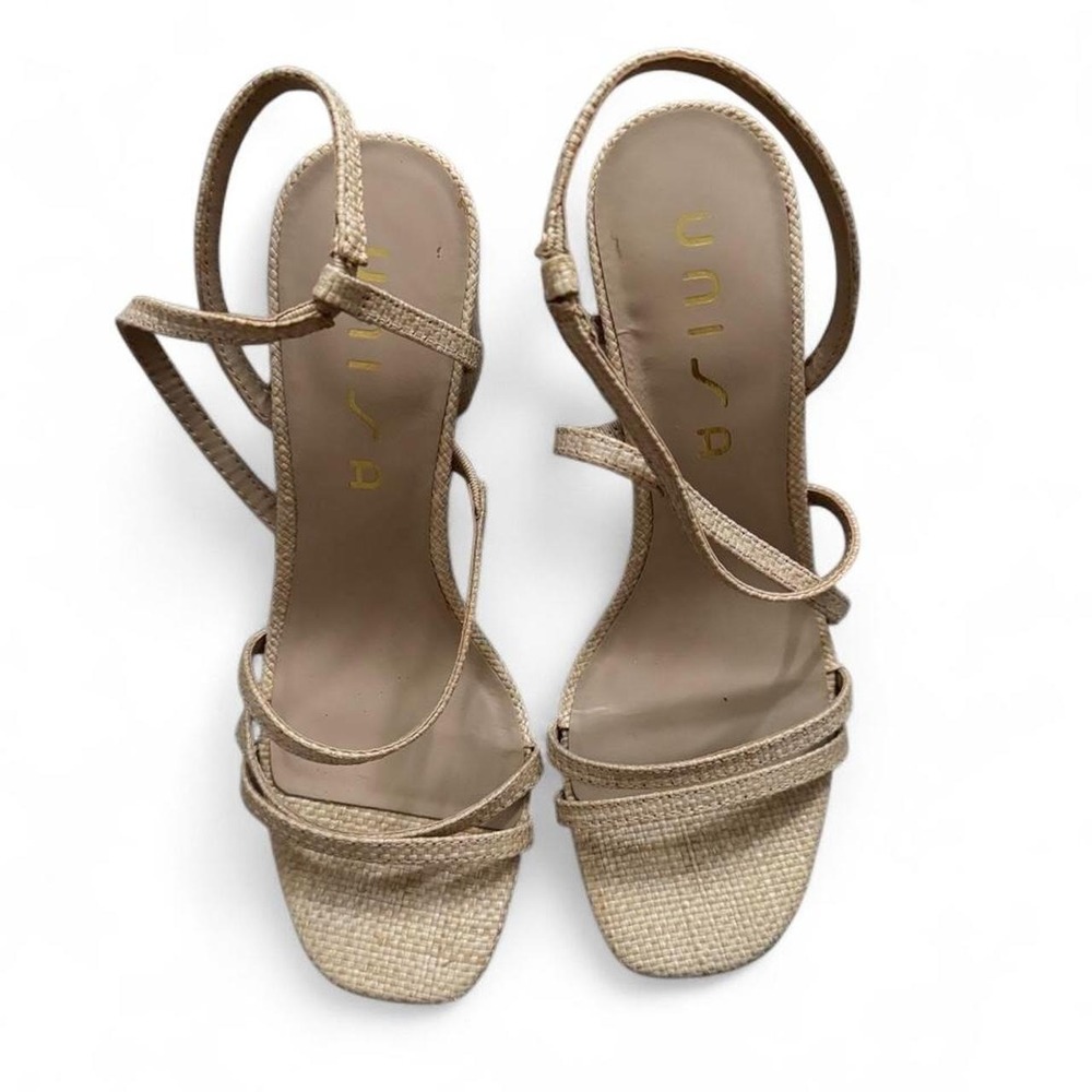 Unisa Beige Woven Raffia Strappy Block Heel Sandals Square Toe Slingback Pumps